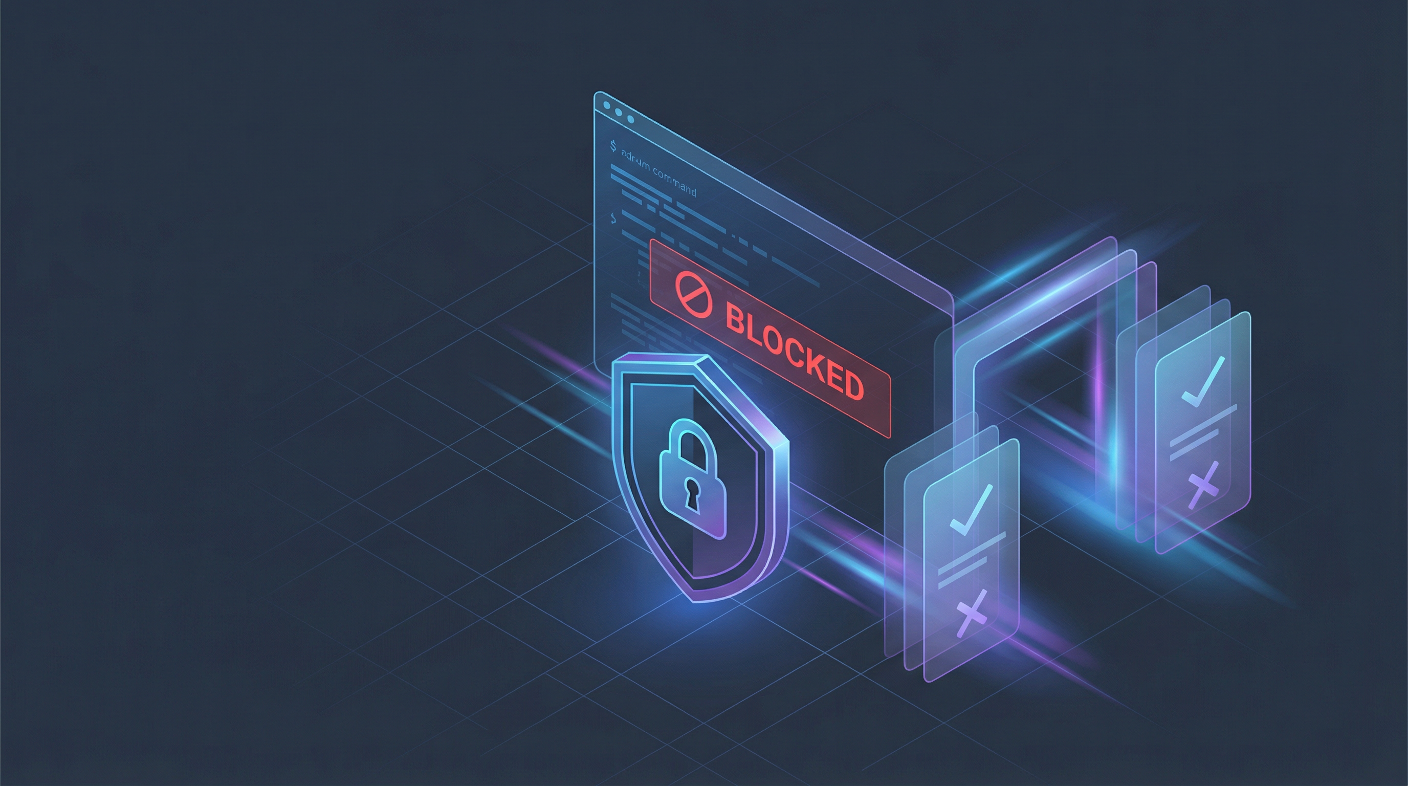 Abstract illustration of a governance shield blocking a terminal command via policy gates.