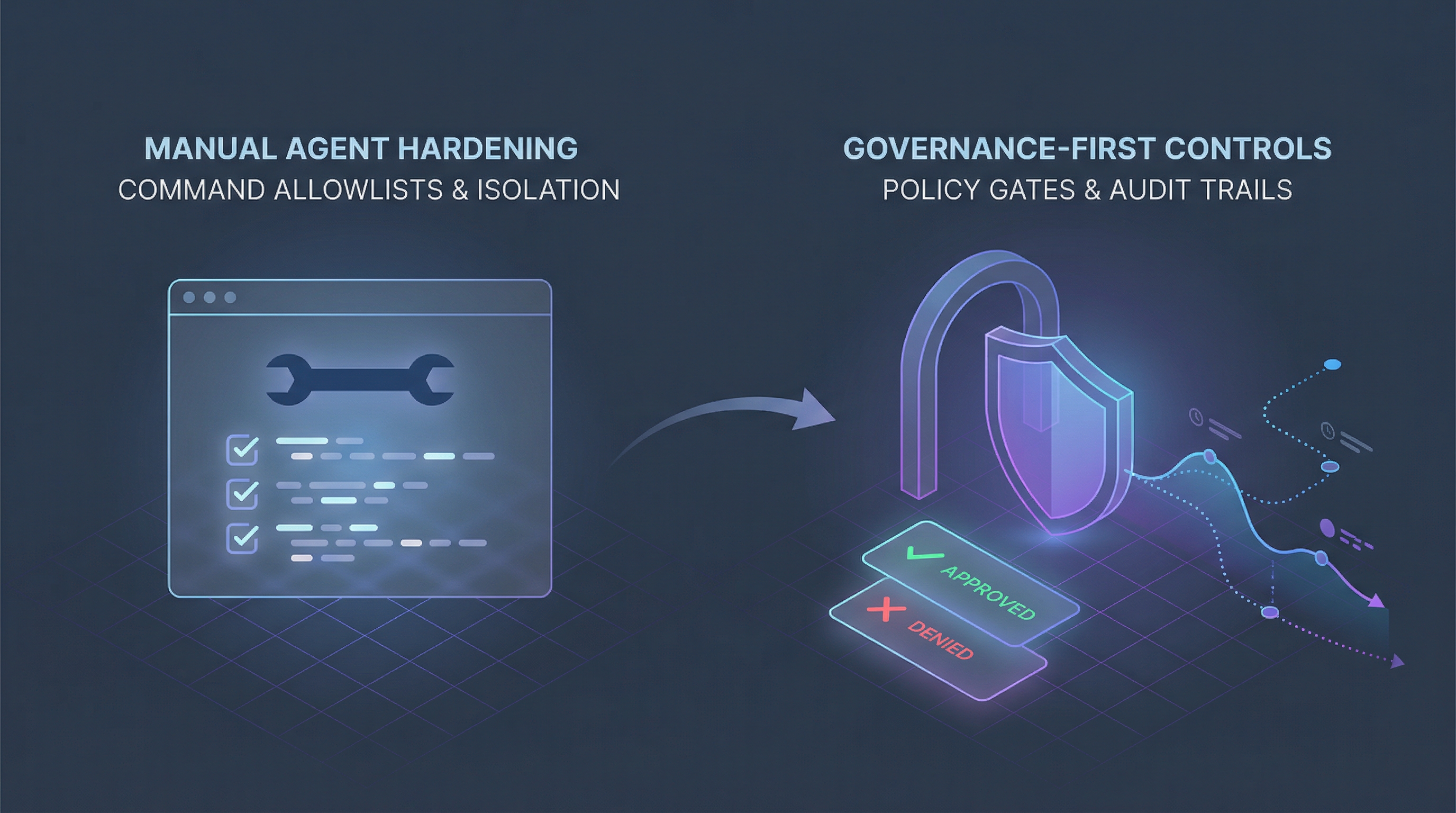 Split illustration showing manual agent hardening evolving into governance-first controls.